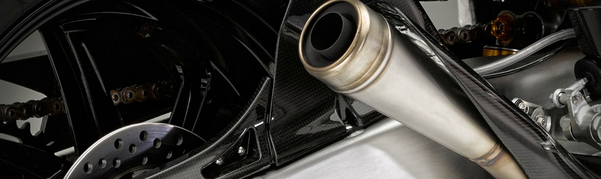 A closeup view of a motorcycle exhaust.
